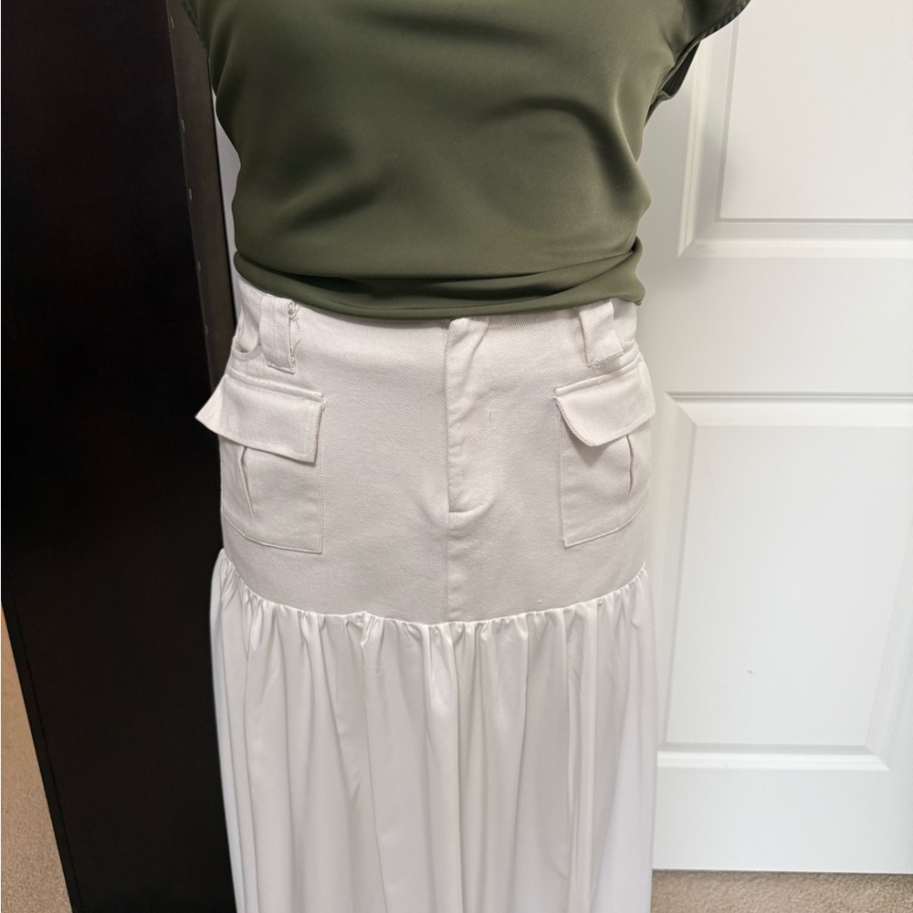 Cream Tiered Denim & Cotton Maxi Skirt